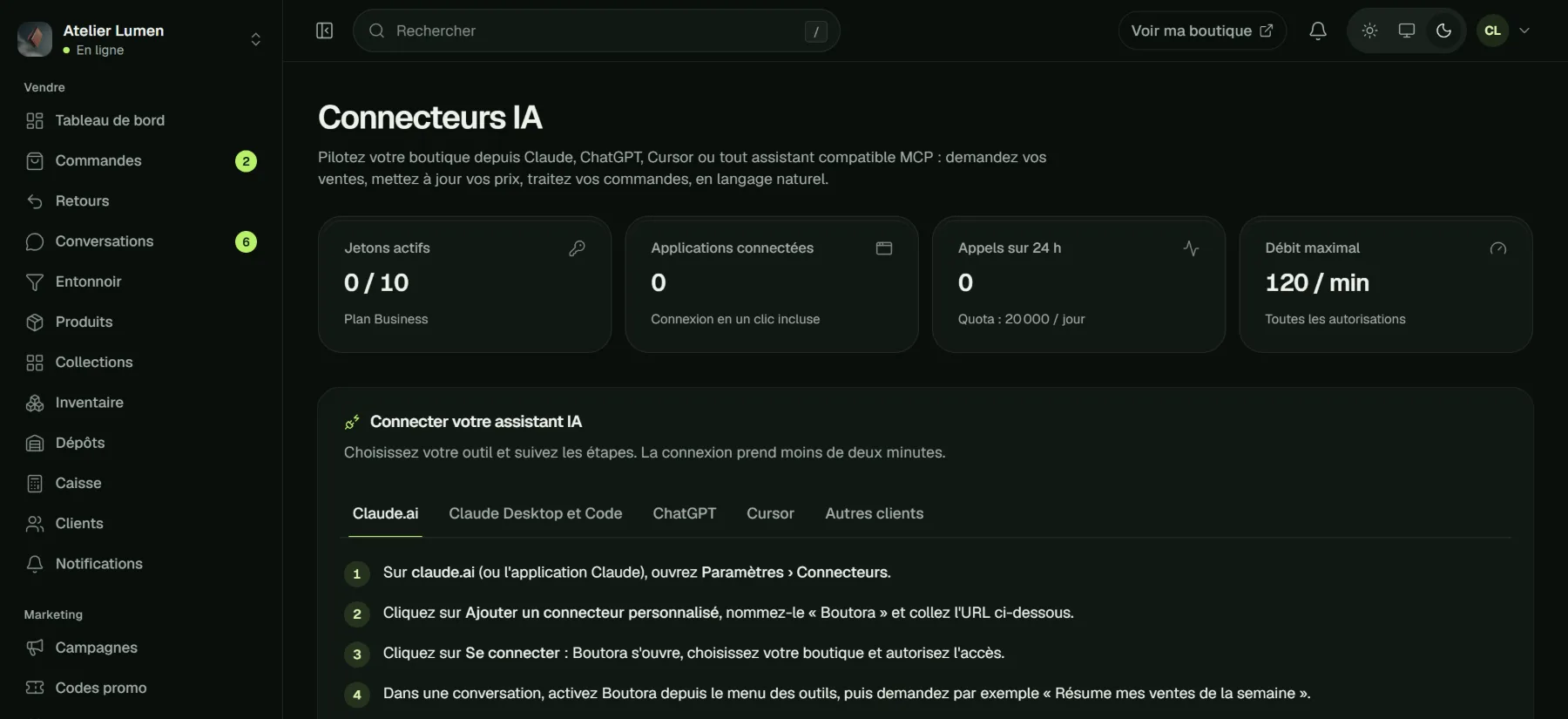 Page Connecteurs IA de Boutora : jetons actifs, applications connectées, quotas et étapes de connexion à Claude.