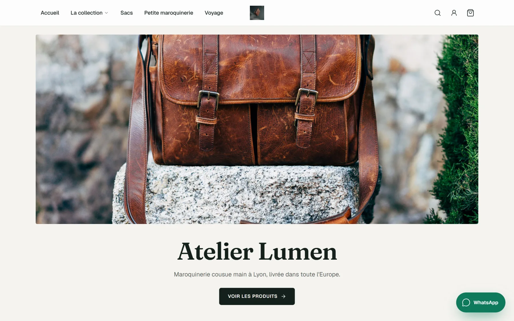 Home page of a Matajirai leather goods store on a large screen: menu, full-width banner and store name.