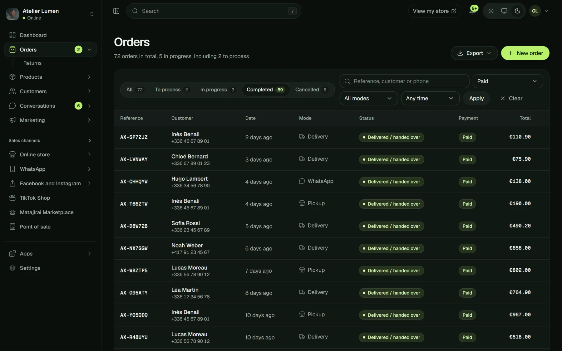 Order list of a Matajirai store, with payment and delivery status.