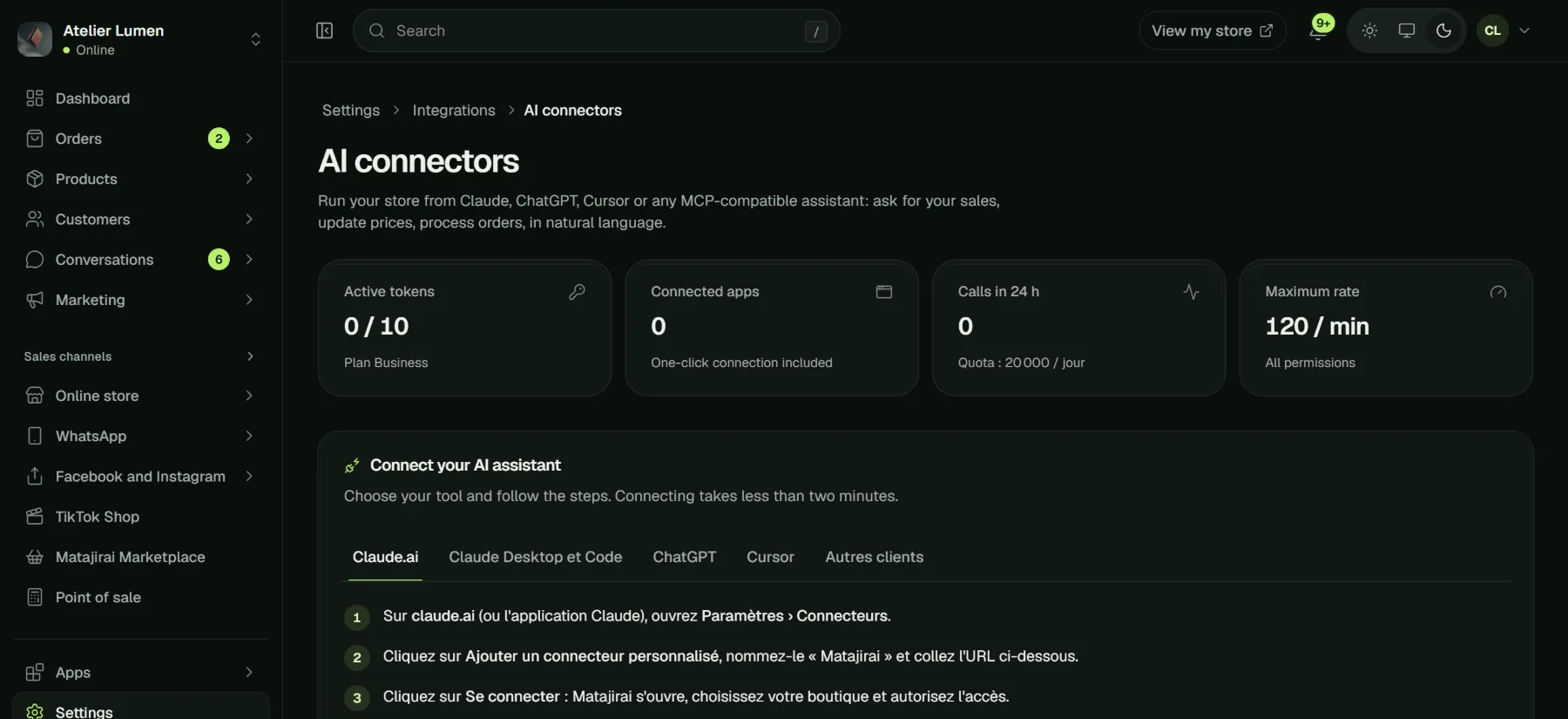 Matajirai AI Connectors page: active tokens, connected apps, quotas and steps to connect Claude.