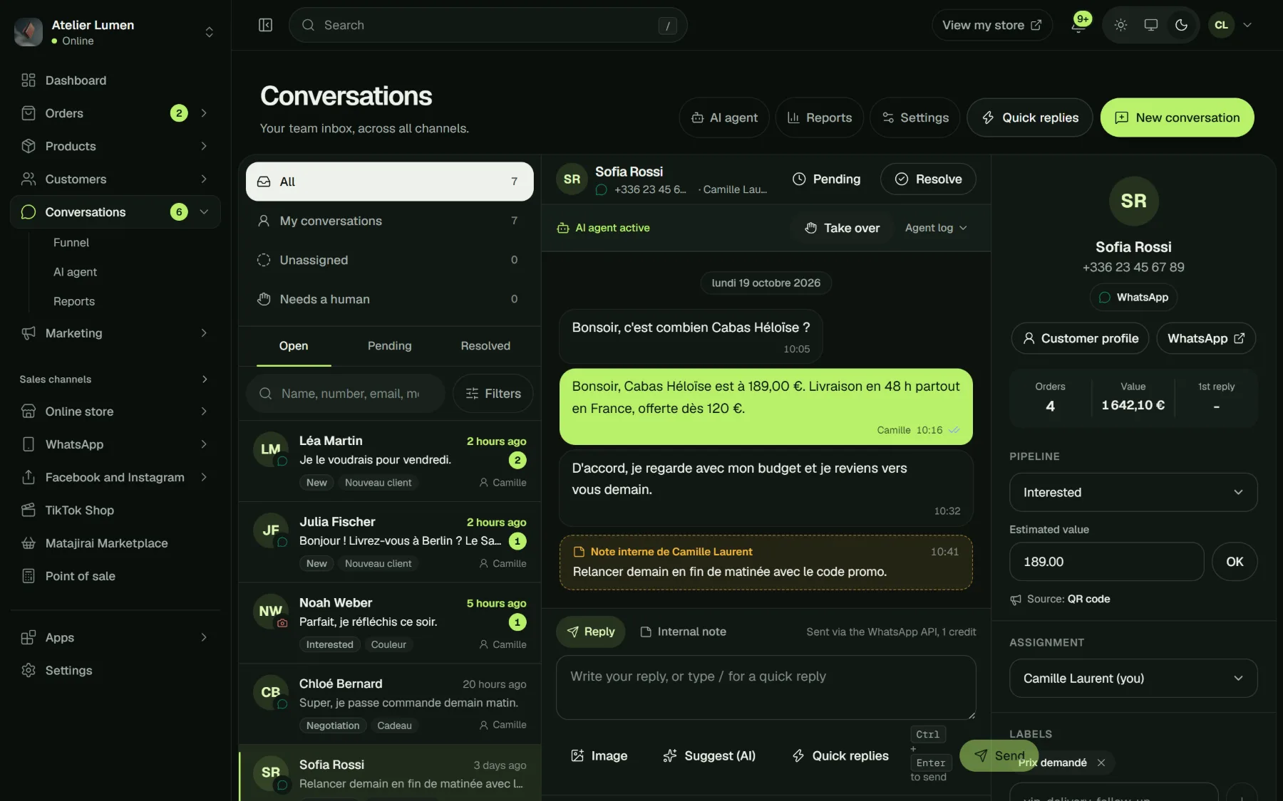 Matajirai shared inbox: list of WhatsApp conversations and the message thread.