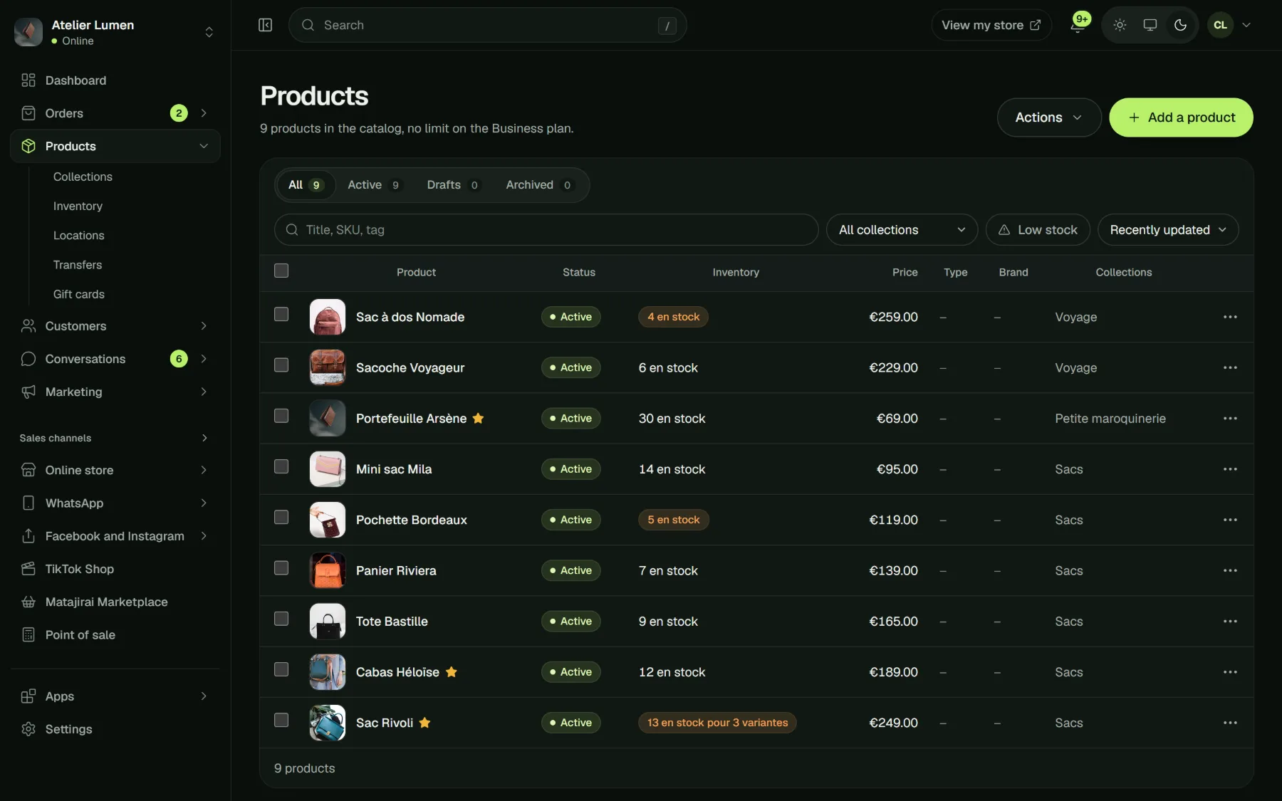 Product list of a Matajirai store, with price, stock and status.